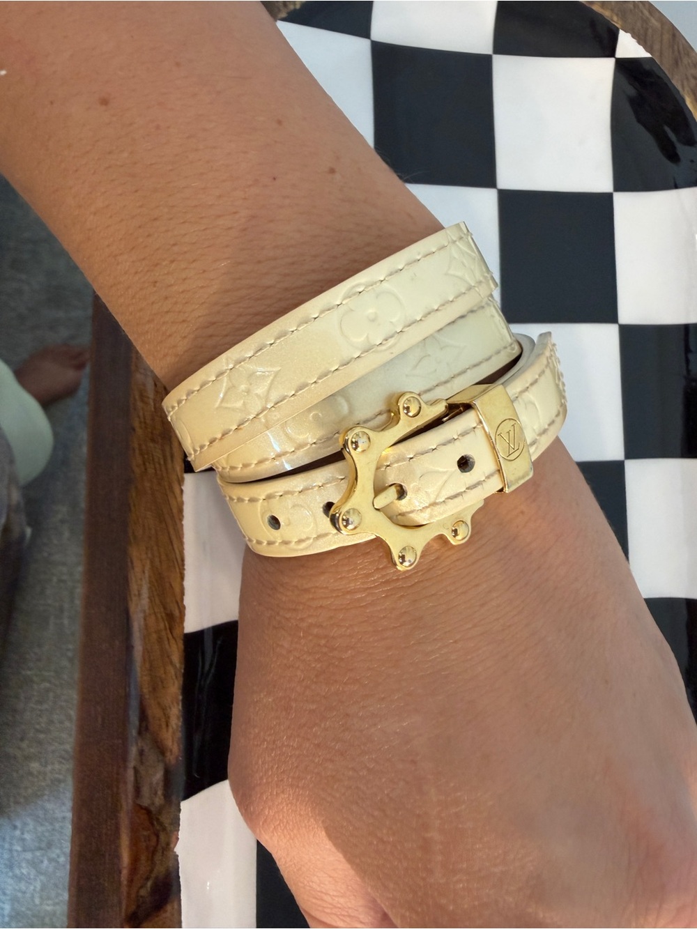 Louis Vuitton Cream Vernis Double Wrap Bracelet with Gold Buckle Accent